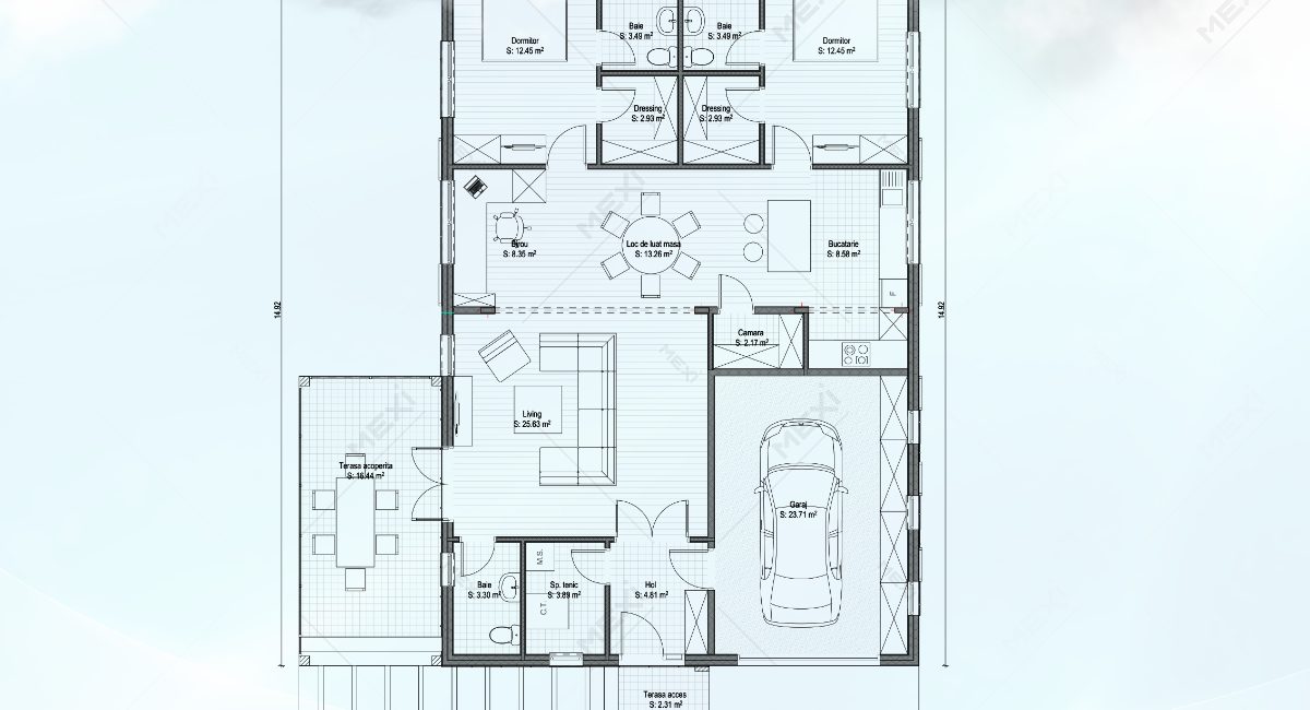 plan casa cu garaj din module tipizate